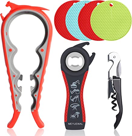 Latest Jar Opener Bottle Opener for Weak Hands, 5 in 1 Multifunctional Non-Slip Can Lid Opener Tools with Silicone Jar Gripper Pad and Corkscrew Wine Opener for Seniors, Children and Arthritic Hands